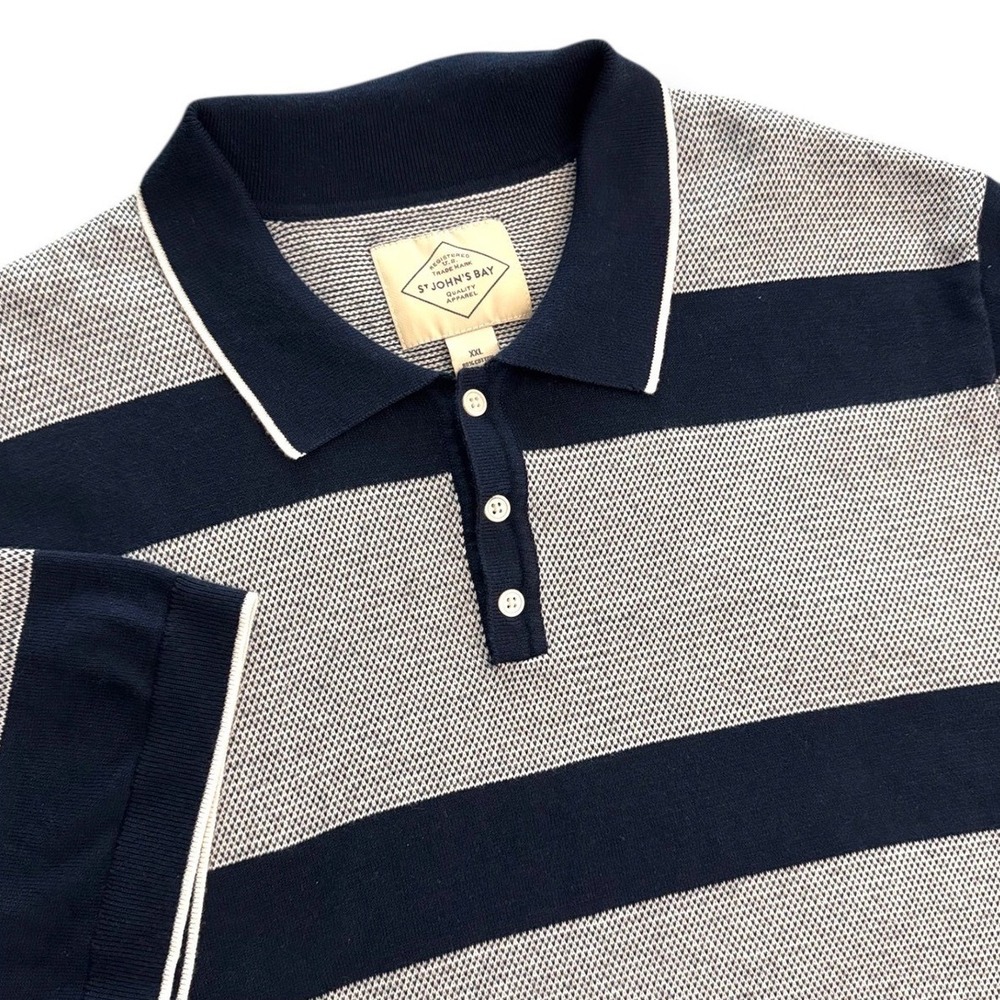 St Johns‎ Bay Mens XXL Knit Polo Shirt Navy Gray Stripe Short Sleeve